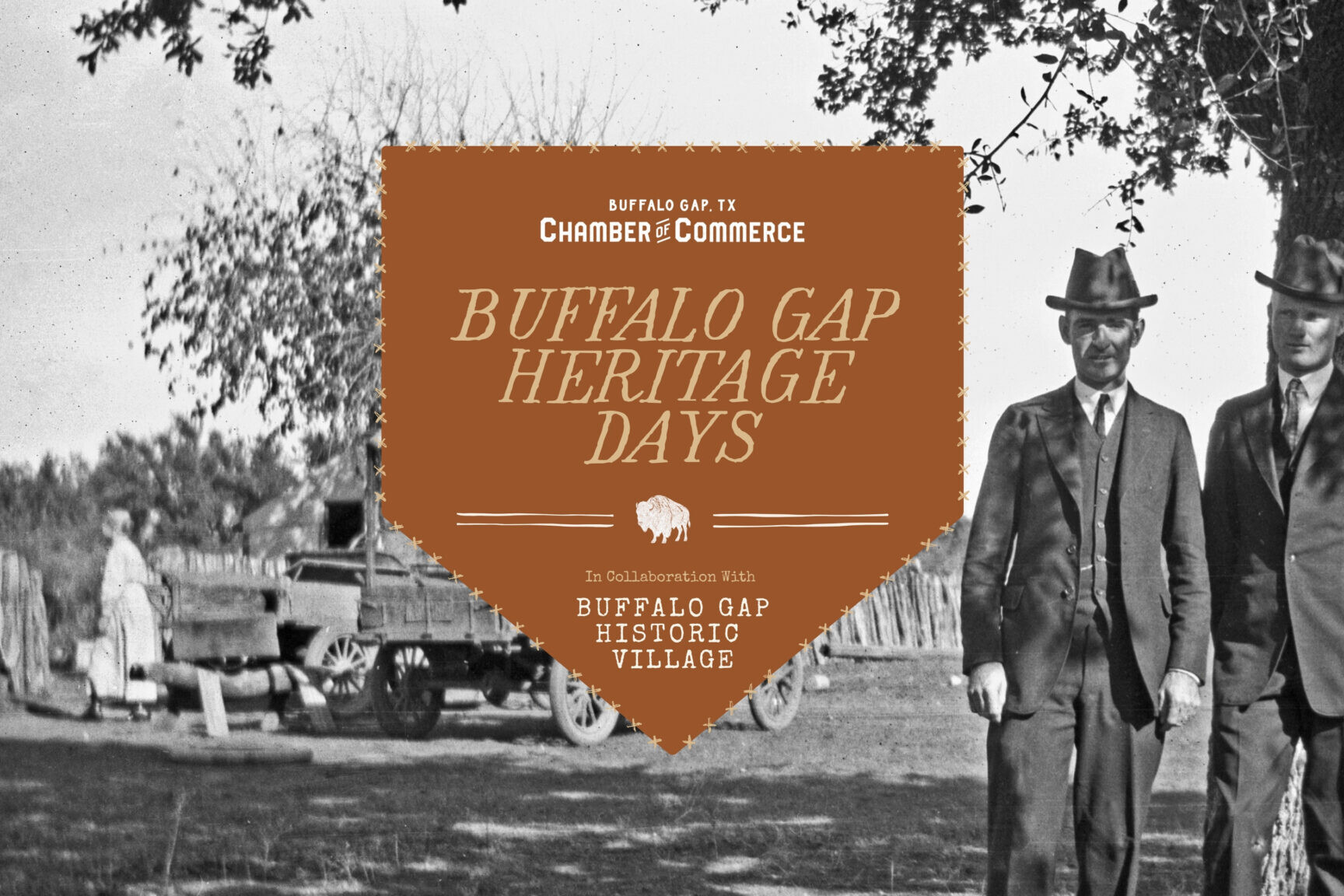 Buffalo Gap Heritage Days logo over a historic photograph of two men in suits beside a wagon